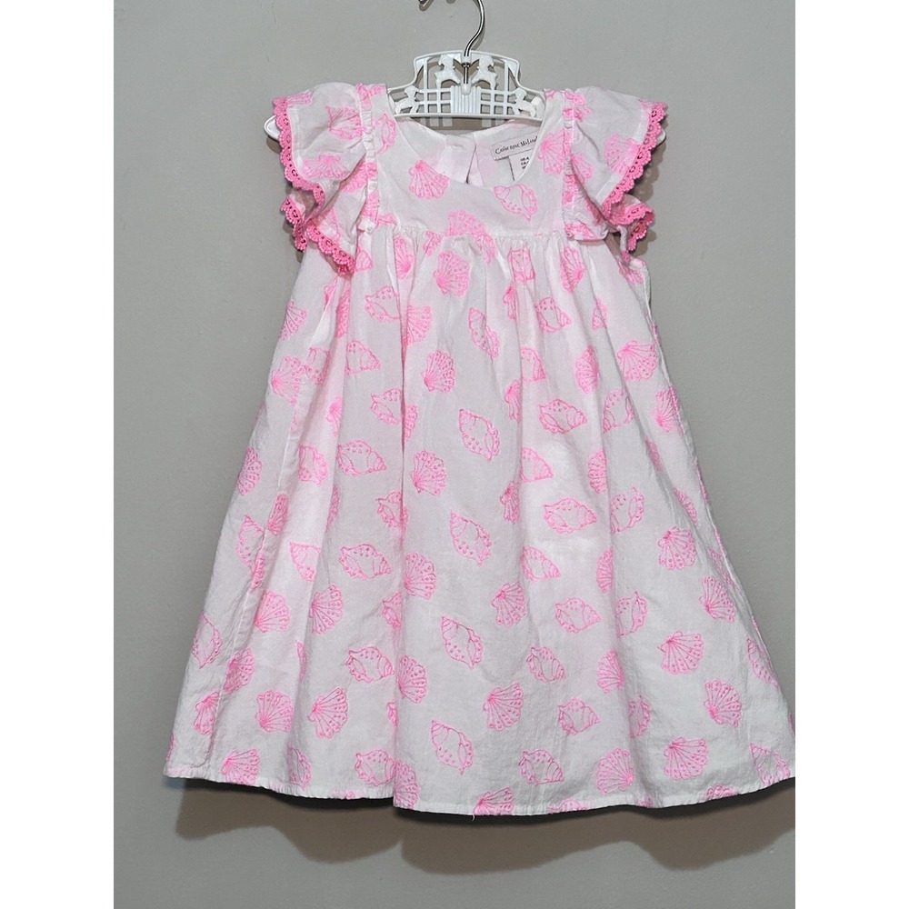Catherine Malandrino Girls Dress Size 4 White Pink Seashell Print Flutter Sleeve